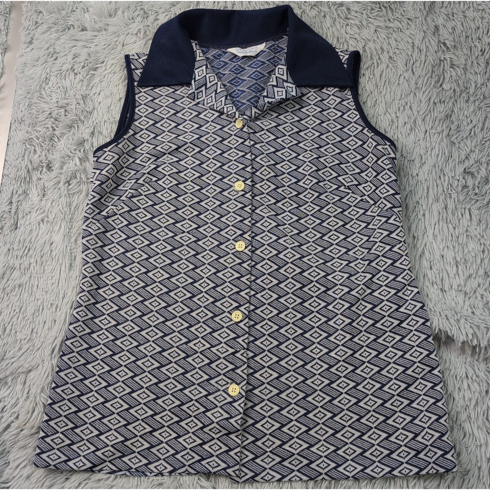 Vintage Sears Fashions Shirt Womens M Blue Golf Button Up Sleeveless 70's 80's